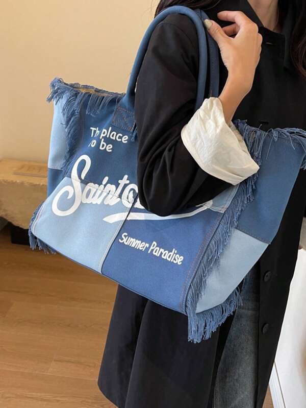 Borsa da donna 2025 nuova, stile europeo e americano, da spiaggia, grande capacità, portatile, tracolla, borsa a mano realizzata con nappe e stampa