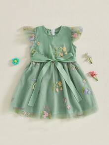 Girls Floral Embroidered Dress Toddler Fly Sleeve Princess Dress Birthday Wedding Pageant Party Dresses - Army Green - View 6