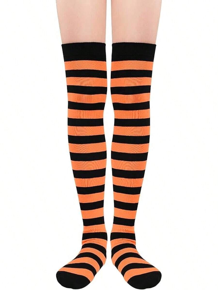 Womens Thigh High Socks Striped High Knee Socks Knee High Socks For Cosplay Long Socks Over The Knee Leg Warmers - A Black & Orange Stripes - View 1