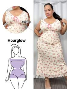 Hourglow Cardis.Ego Plus Size Pink Floral Printed Rural Style Summer Vacation Dress,Beach Dress Sundress,Holiday Outfits Boho, For Hourglass Body Shape - Pink - View 1