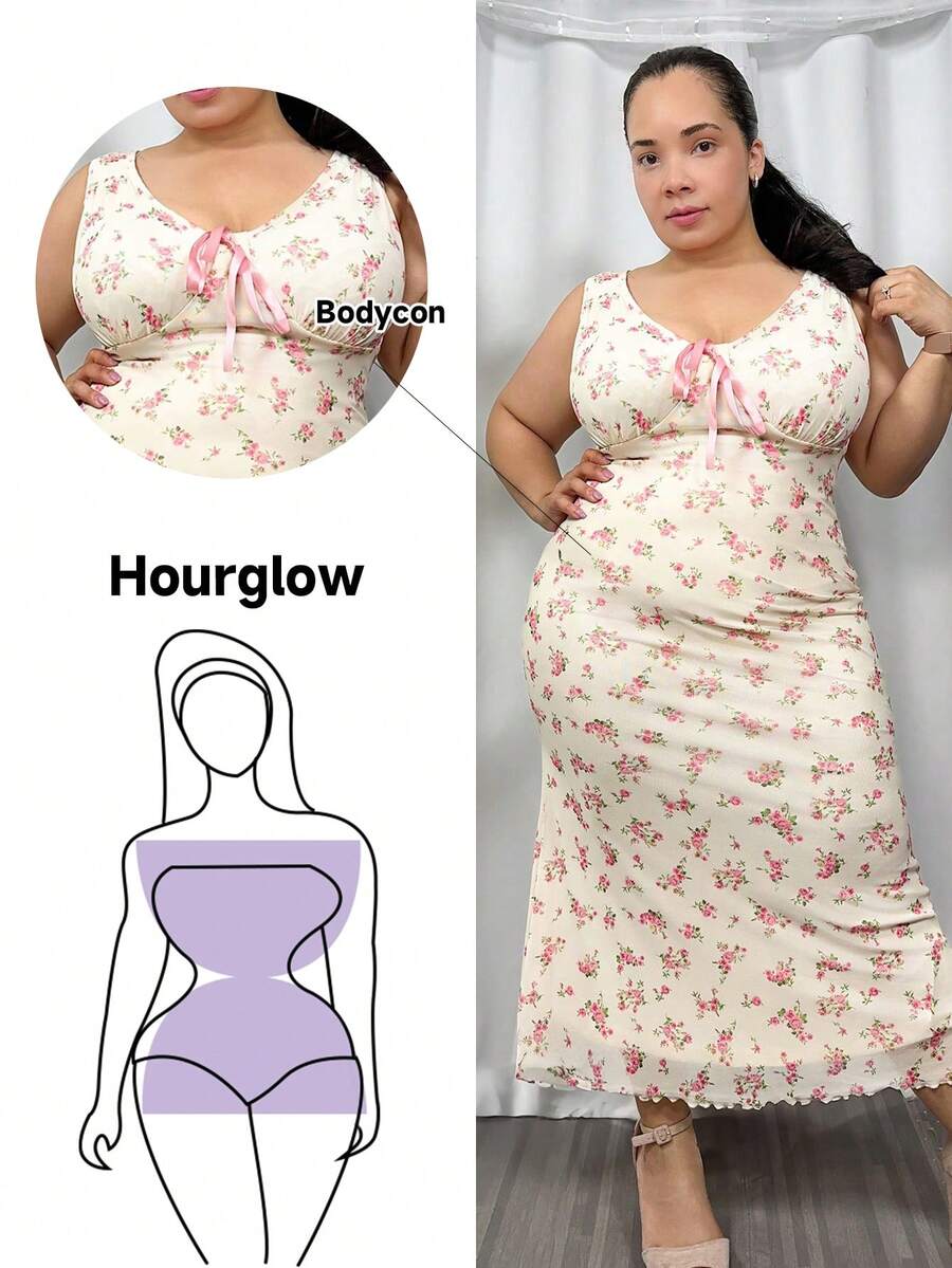 Hourglow Cardis.Ego Plus Size Pink Floral Printed Rural Style Summer Vacation Dress,Beach Dress Sundress,Holiday Outfits Boho, For Hourglass Body Shape - Pink - View 1