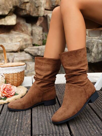 Women's Vintage Knight Mid-Calf Boots, Thick Heel, Versatile, Pleated Shaft Winter Boots