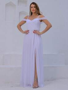 Long Off-The-Shoulder Party Dress With Sparkle For Bridesmaid, Wedding, Princess Graduation - 白色 - 查看 1