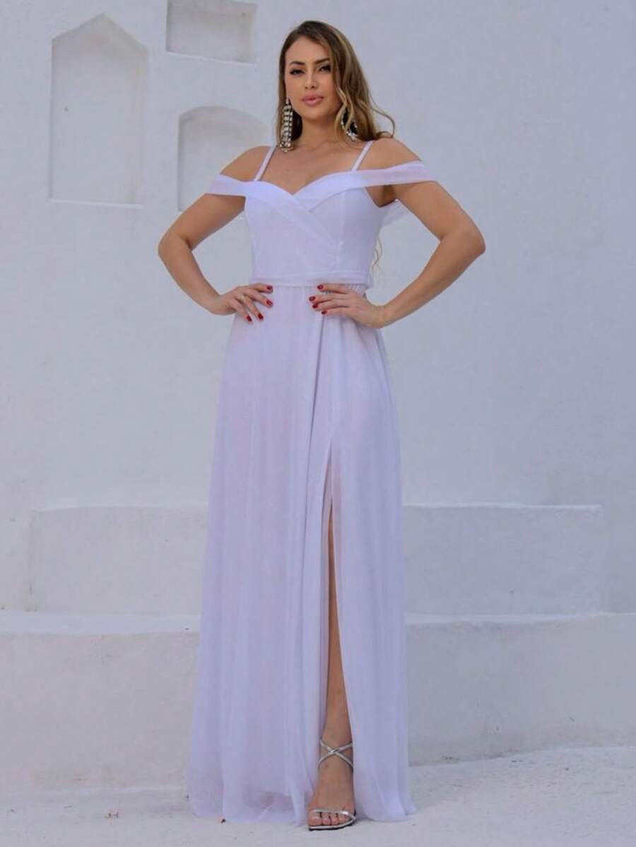 Long Off-The-Shoulder Party Dress With Sparkle For Bridesmaid, Wedding, Princess Graduation - 白色 - 查看 1