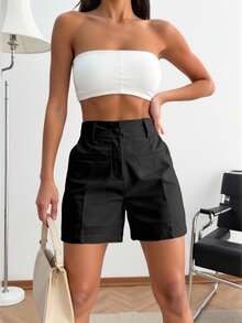 Sily Moda Women's Shorts In Viscose Linen With Fake Lapena Pocket, Minimalist Elegance / Has Lining - Black - View 2