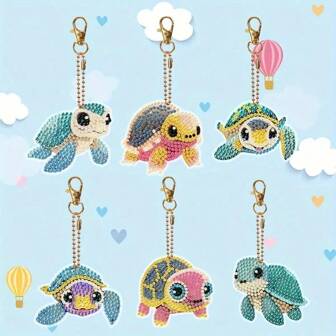6pcs DIY Diamond Painting Keychain, 5D Diamond Art Keychain With Spring Turtle Design, Mosaic Handmade Keychain DIY Kit Suitable For Beginners