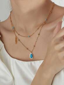 1 peça colar vintage turquesa oval com folha de aço inoxidável, camada dupla, acessório elegante e personalizado para mulheres