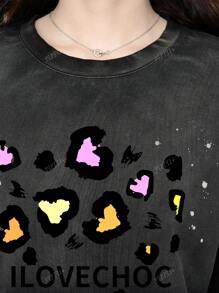 Washed Ombre 2-Tone Cartoon Print Short Sleeve T-Shirt Midi Length Women Tee Summer Top