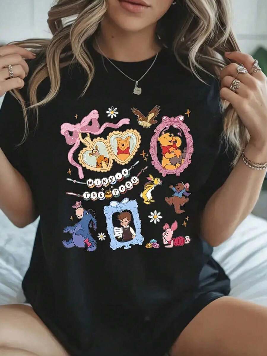 Short Sleeve Round Neck T-Shirt With Cartoon Image Printed On It, Casual And Fashionable Short Sleeve T-Shirt, Micro Elastic, Non-See-Through, Easy To Care For Material, Ideal Daily Wear, Ladies T-Shirt - 黑色 - 查看 1
