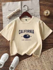 Tween 女童休闲趣味印花圆领短袖 T 恤，夏季上衣 - 杏色 - 查看 3