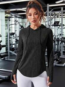 2025 秋季时尚长袖运动衫，抽绳连帽提花插肩休闲针织舒适宽松套头衫弧形下摆户外瑜伽健身 - 黑色 - 查看 3