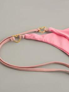 Áo bikini tam giác kiểu Âu Mỹ mới về, điểm nhấn là họa tiết kim loại hình trái tim, cổ yếm, màu trơn gợi cảm, thích hợp cho kỳ nghỉ hè trên bãi biển, màu hồng. - Hồng - Xem 7