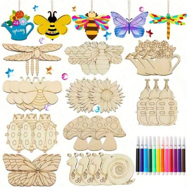 72 Stücke Holz Insekten Bastelset - DIY Kunst & Handwerk Set beinhaltet 30 einzigartige Insekten Muster, 12 leuchtende Wasserfarben Stifte, 30 Juteseile, für kreatives Malen und Dekorieren, geeignet für Geburtstage und alle Anlässe, kreatives Malsset | filigrane Insektenmuster | Holz Bastelblöcke