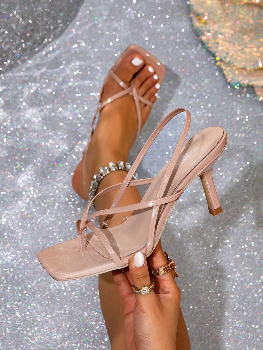 女士高跟凉鞋，夏季新款方头系带露趾细带交叉人字拖凉鞋，优雅精致