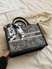 2025新款时尚热销手提包，便携购物袋，小众设计，奢华高品质，附赠海外蝴蝶结丝巾，大容量，适合日常休闲、通勤、上学、旅行、派对、宴会等场合（含丝巾） - 黑色 - 查看 7