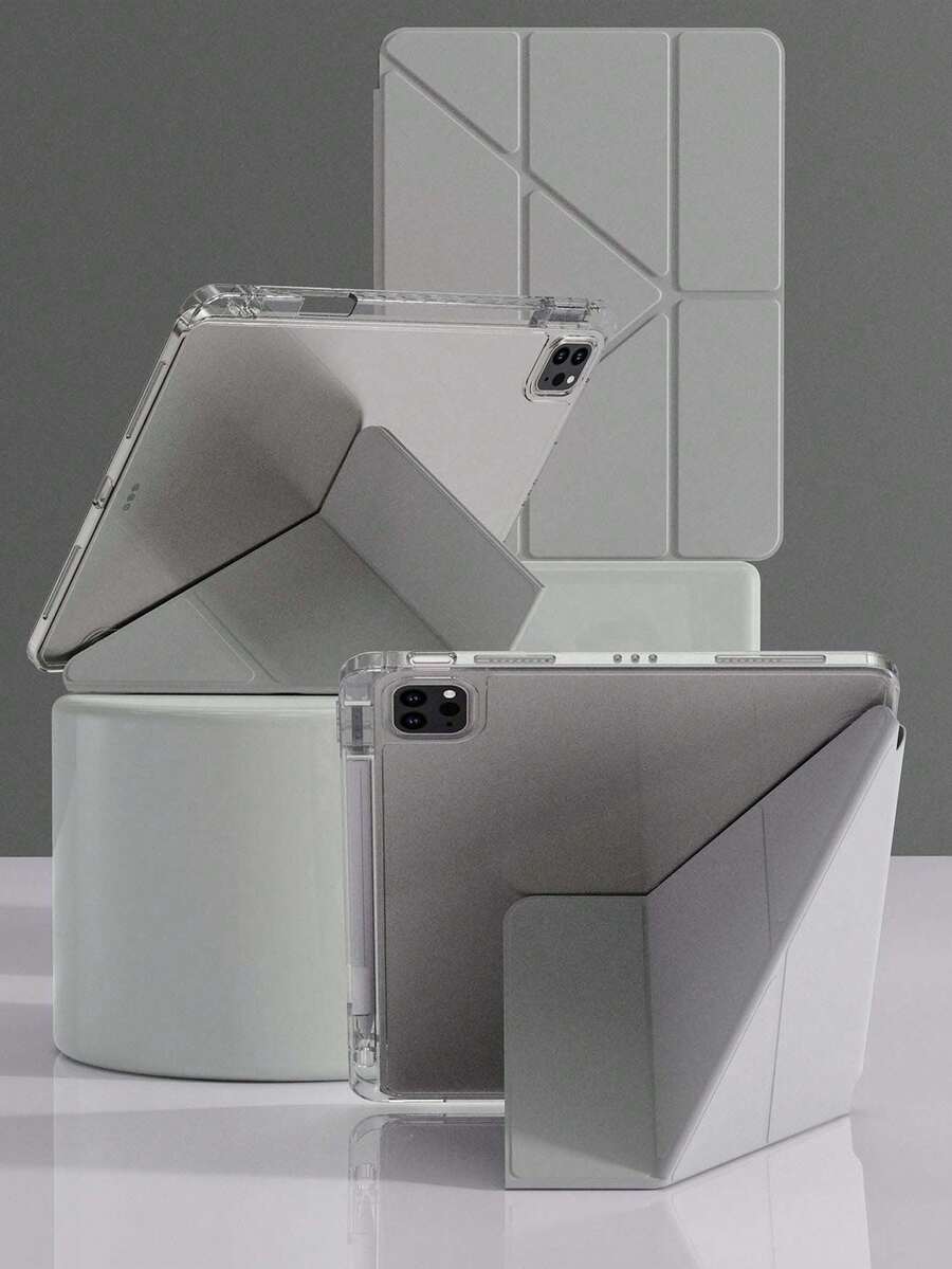 透明亚克力保护壳适用于 iPad Air 11 13 M2 2025 M3 支持多角度折叠 Y 形支架保护套适用于 A16 11th 2024 Air 5 Air 4 10.9 9th 8th 7th 10.2 5th 6th 9.7 10th Gen 2021 Pro 11 12.9 Mini6 7 带笔架，自动唤醒/睡眠-灰色