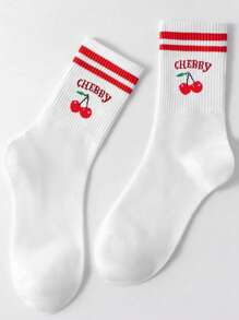 1 par de calcetines de mujer estampados de cerezas dulces, diseño a rayas unisex, cómodos y de moda, adecuados para uso diario, hogar, oficina, ocio, deporte, para todas las estaciones