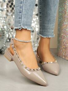 Solid Color Bohemian Elegant Punk Rivet Studded Pointed Toe Holiday Wedding Party Summer Sandals - Apricot - View 4