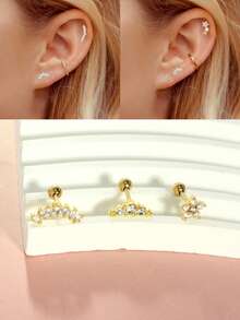 Juego de 3 pendientes cartílago de 16G con parte posterior plana, joyería de acero inoxidable para piercings en hélix, concha, daith y trágus con ópalo CZ, flor, serpiente y hoja con cierre de rosca, para mujeres - pendiente de bola - Ver 20