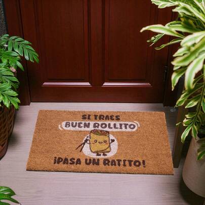 DISTRIBUX Felpudo Divertido 40x70 cm – "Si Traes Buen Rollito, Pasa un Ratito" | Fibra de Coco Natural con Base Antideslizante | Alfombra de Entrada para Exterior e Interior  ✅ Entrega de 1-3 días