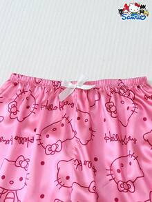 SANRIO 女士睡衣套装，Hello Kitty 领短袖纽扣口袋上衣配蝴蝶结长裤和短裤，休闲家居服，秋冬服装 - 粉色 - 查看 6