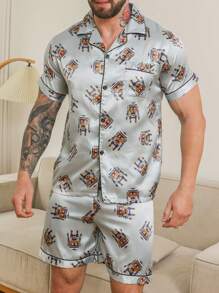 2pcs Men's Robot Print Pajama Set, Short Sleeve Shirt And Shorts, Silk-Like Fabric, Casual Sleepwear Set, Summer/Spring/Autumn