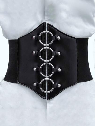 1pc Women's Black Round Buckle Waist Belt, Cute Drawstring Elastic Wide Waistband, Suitable For Everyday Wear