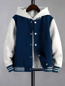 1pc Teen Girls' Casual Fashion Color Block Patchwork Loose Fit Bomber Jacket, Versatile, Autumn/Winter - Navy Blue - View 4