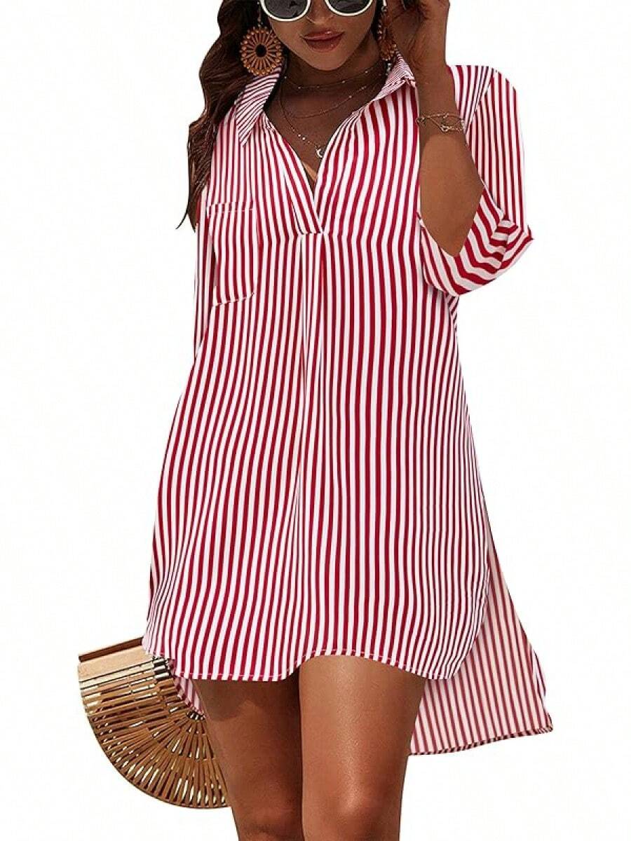 Women's Swimsuit Cover - Ups White Chiffon Bikini Swimwear Beach Dress Outfits Summer 6HQS - 粉紅色和白色條紋 - 查看 1
