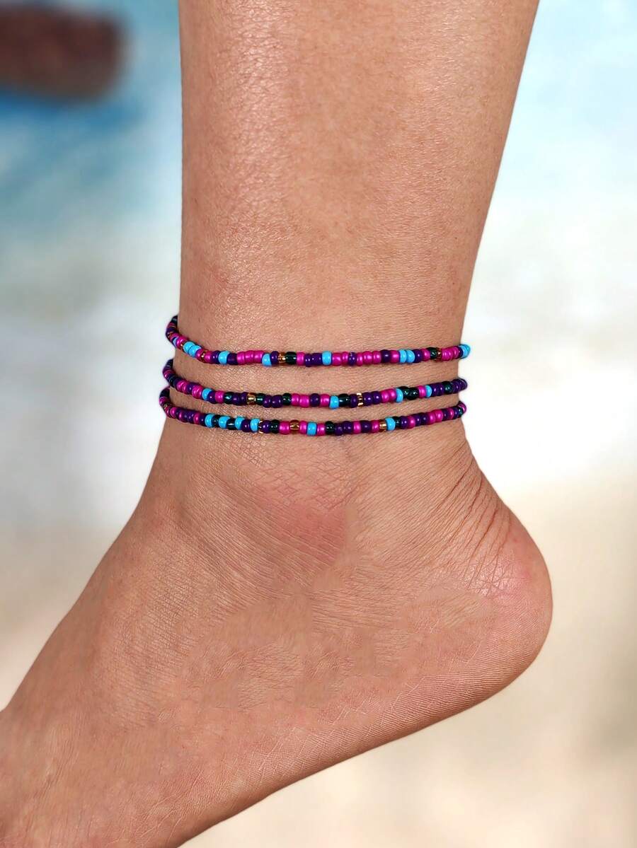 Set de 3 piezas de ajorcas bohemias de cuentas de semillas de colores, adecuado para playa y viajes, color aleatorio - Multicolor - Ver 1