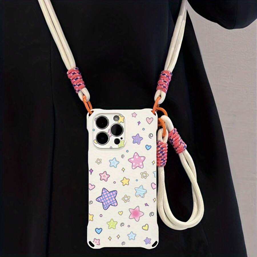 Funda para teléfono 1 pieza Una elegante correa para el hombro tipo bandolera, patrón Correa para el hombro tipo bandolera Correa de mano anticaída de cuatro esquinas Funda protectora para teléfono móvil Puede colgarse hacia atrás Funda para teléfono móvil suave adecuada para la serie 12 13 14 15 16 Pro Pro Plus - - Colores mixtos 1 - Ver 1