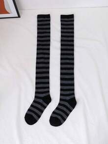 1 Pair Black & Grey Striped Women Over-The-Knee Long Socks, Y2K