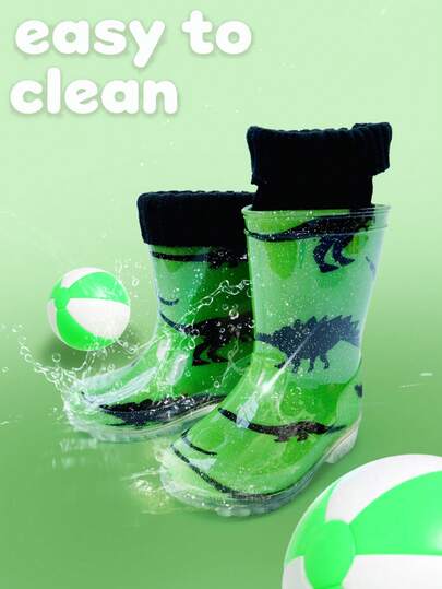 儿童恐龙雨靴（男童款）- 绿色防水户外鞋，防滑轻便，适合玩耍和上学