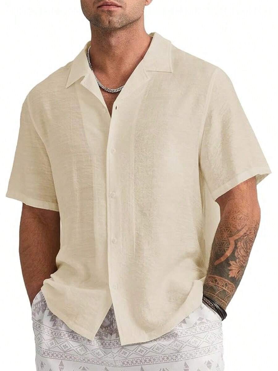Mens Linen Button Down Shirts Short Sleeve Basic Cuban Regular Fit Wedding Summer Beach Tops - Màu be - Xem 1