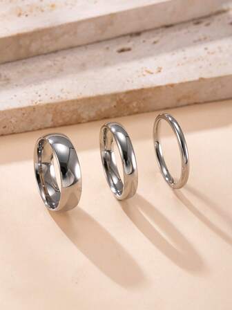 3pcs Stainless Steel Polished Plain Couple Rings Set, Layering Casual Rings Suitable For Daily Wear And Valentine's Gift
