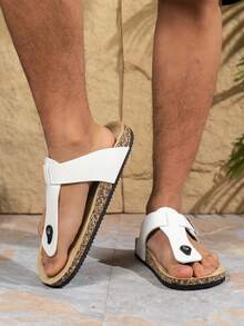 时尚扣平底软木拖鞋，男女度假风夏季沙滩人字拖，户外休闲凉鞋 - 白色 - 查看 1