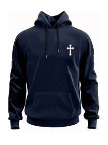 男士休闲简约十字印花抽绳连帽衫，带口袋，适合返校季、秋冬季穿着，长袖上衣