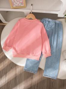 2 Stücke/Set Mädchen Lässig Alltags Outfit - Einfarbiges Schleife Dekor Langarmoberteil und lange Hose, Regular Fit, Frühling/Herbst