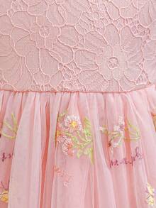 Young Girl Floral Embroidered Tulle Bowknot Fairy Little Princess Dress Garden Flower Girls Party Wedding Birthday Dresses - 粉色 - 查看 7