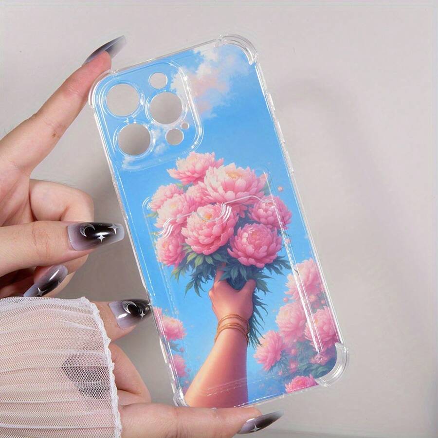 Funda para teléfono, 1 unidad, diseño de patrón de peonía, tarjetero impreso, funda para teléfono 11 Pro 16 Plus 13 15 14 12 TPU suave - Colores mixtos 1 - Ver 1