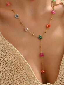 1pc Summer 2025 New Colorful Crystal Flower Decor Y-Shaped Titanium Steel Beaded Necklace, Suitable For Beach, Vacation, And Casual Occasions