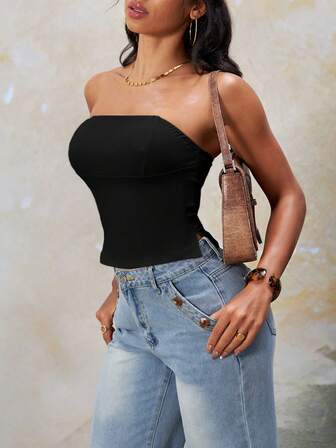 女士纯色前开衩抹胸（无衬垫），夏季装