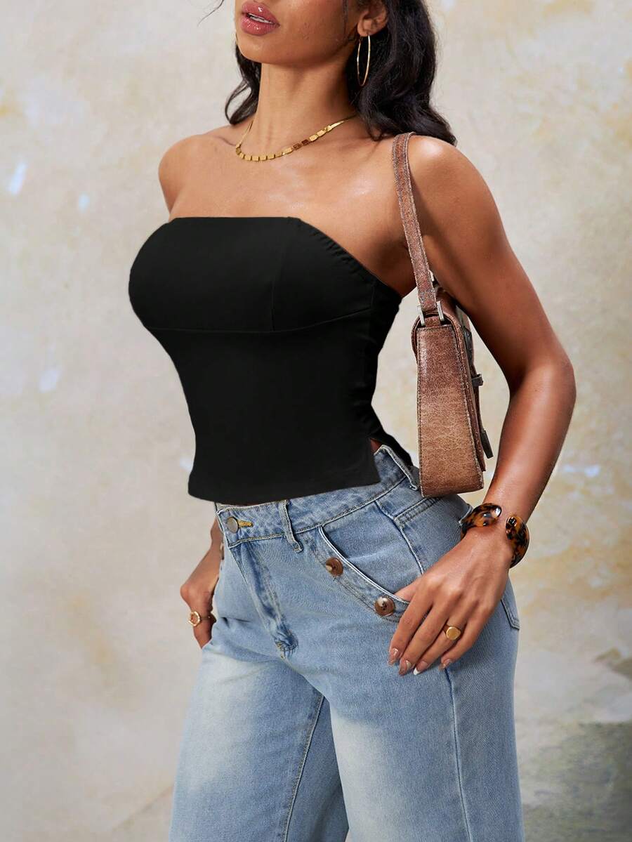 Women's Solid Color Front Slit Tube Top (Without Padding), Summer Wear - Black - View 1