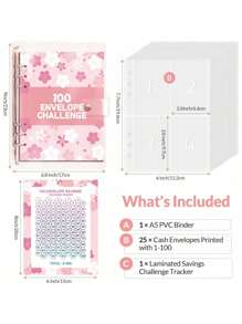 100 Envelopes Challenge Binder With Laminated $5050 Tracker Sheet & Pre-Numbered Pockets (Pink) Best Gifts Birthday Graduation