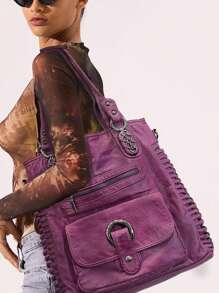 Ladies' Fashionable Retro Casual Cool Handbag, Personalized Y2K Spicy Girl Motorcycle Bag, Street Style Washed Plain Leather Imitation Leather City Bag, Suitable For Work, Commuting, Dating, Party Large Capacity Multi Pocket Single Shoulder Crossbody Bag, Black