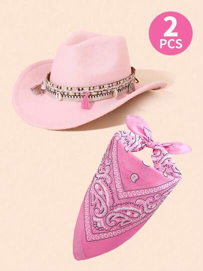 2pcs/Set Women's Pink Cowboy Hat, Western Felt Hat With Headscarf, Leather Belt, Suitable For Back To School, Music Festivals, Birthdays, Halloween Parties, Includes 1 Pink Cowboy Hat And 1 Pink Headscarf