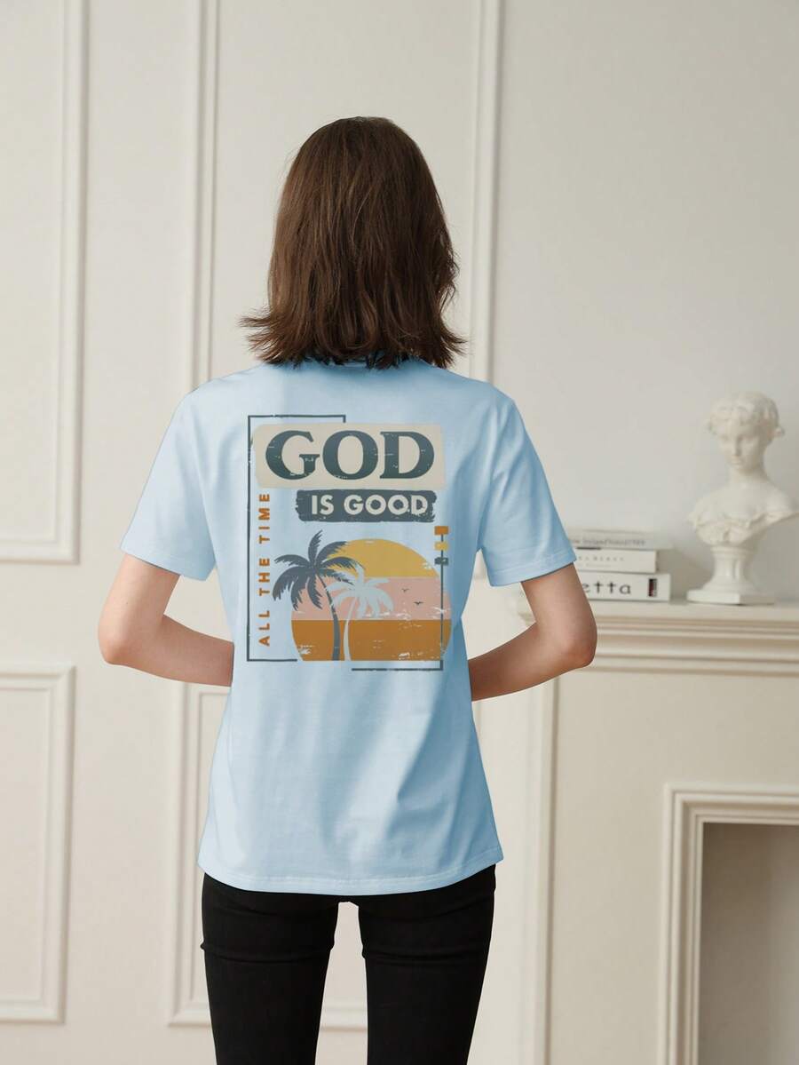 Women's Round Neck Letter Print Loose Fit Short Sleeve Casual T-Shirt