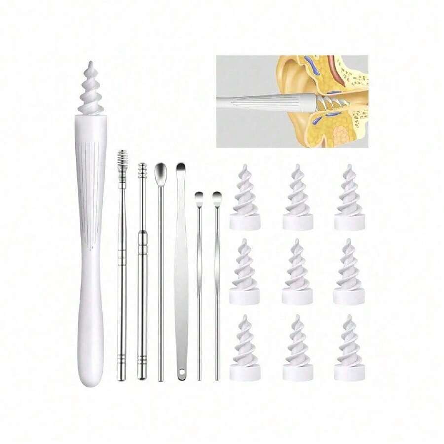 Ear Wax Removal Kit 8-In-1 - Medical Grade Silicone Cleaner With 15 Interchangeable Tips (Scoop/Spiral/Hook/Brush) - Safe & Gentle For Kids/Adults/Seniors - ENT Doctor Approved Design - Portable Waterproof Case - Includes Irrigation System & Massage Function - Perfect For Travel & Home Use - Hypoallergenic & Reusable - 白色 - 查看 1
