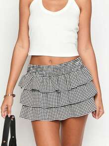 Women's Gingham Mini Skirt Plaid High Waist Layered Ruffle A-Line Cake Smocked Skirts - 黑色 - 查看 1