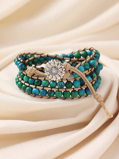 1pc Handmade Bohemian Style Beaded Stone Wrapped Bracelet, Suitable For Women Casual, Holiday, Travel Wear